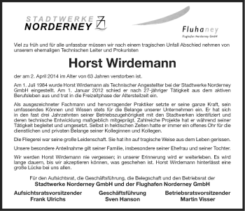Traueranzeige von Horst Wirdemann von Ostfriesischer Kurier