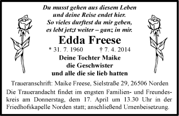 Traueranzeige von Edda Freese von Ostfriesischer Kurier