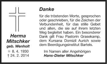 Traueranzeige von Herma Mitschker von Ostfriesischer Kurier
