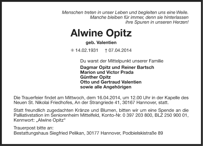  Traueranzeige für Alwine Opitz vom 11.04.2014 aus Ostfriesischer Kurier