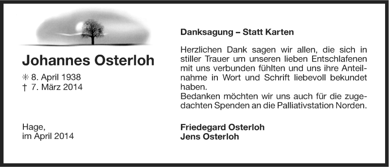  Traueranzeige für Johannes Osterloh vom 11.04.2014 aus Ostfriesischer Kurier