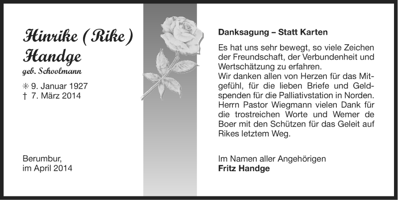  Traueranzeige für Hinrike Handge vom 11.04.2014 aus Ostfriesischer Kurier