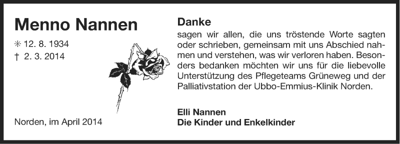  Traueranzeige für Menno Nannen vom 11.04.2014 aus Ostfriesischer Kurier
