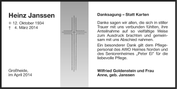 Traueranzeige von Heinz Janssen von Ostfriesischer Kurier