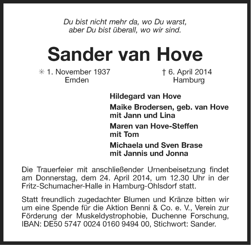  Traueranzeige für Sander van Hove vom 11.04.2014 aus Ostfriesischer Kurier