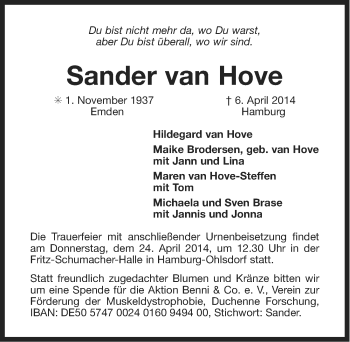 Traueranzeige von Sander van Hove von Ostfriesischer Kurier