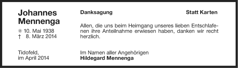  Traueranzeige für Johannes Mennenga vom 11.04.2014 aus Ostfriesischer Kurier