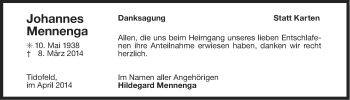 Traueranzeige von Johannes Mennenga von Ostfriesischer Kurier