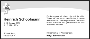 Traueranzeige von Heinrich Schoolmann von Ostfriesischer Kurier