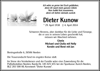 Traueranzeige von Dieter Kunow von Ostfriesischer Kurier