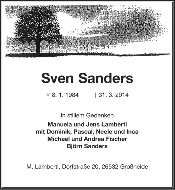 Traueranzeige von Sven Sanders von Ostfriesischer Kurier