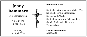 Traueranzeige von Jenny Remmers von Ostfriesischer Kurier