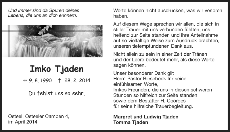  Traueranzeige für Imko Tjaden vom 11.04.2014 aus Ostfriesischer Kurier