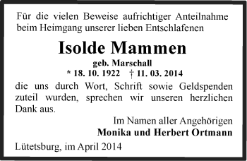 Traueranzeige von Isolde Mammen von Ostfriesischer Kurier