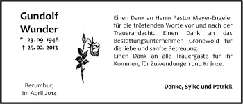 Traueranzeige von Gundolf Wunder von Ostfriesischer Kurier