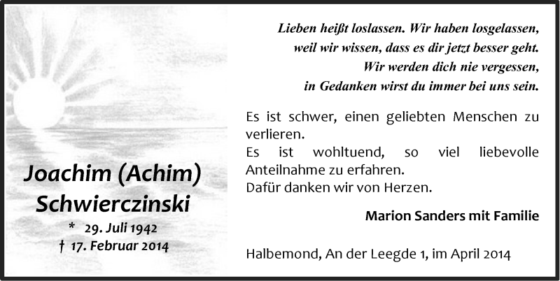  Traueranzeige für Joachim Schwierczinski vom 11.04.2014 aus Ostfriesischer Kurier