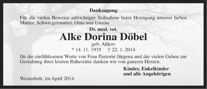  Traueranzeige für Alke Dorina Döbel vom 11.04.2014 aus Ostfriesischer Kurier