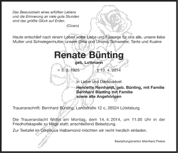 Traueranzeige von Renate Bünting von Ostfriesischer Kurier