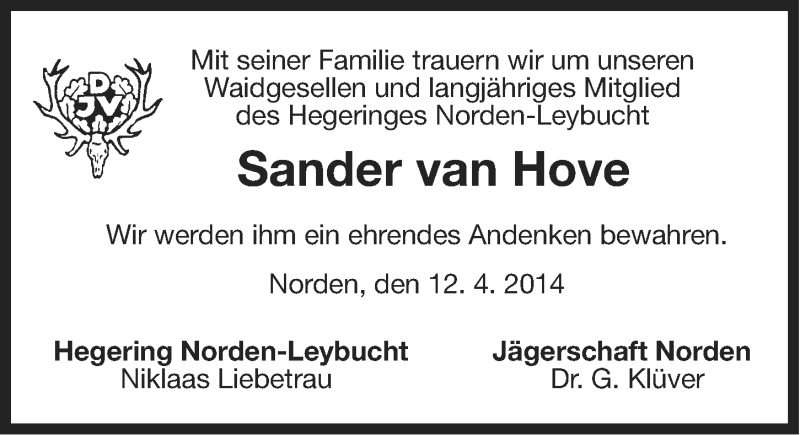  Traueranzeige für Sander van Hove vom 15.04.2014 aus Ostfriesischer Kurier