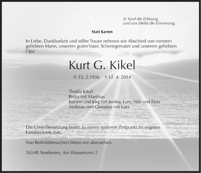  Traueranzeige für Kurt G. Kikel vom 15.04.2014 aus Ostfriesischer Kurier