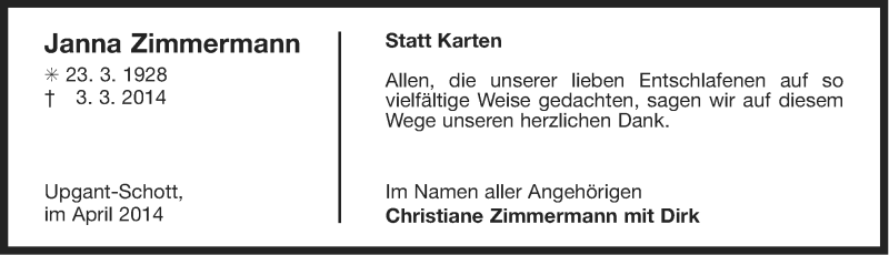  Traueranzeige für Janna Zimmermann vom 19.04.2014 aus Ostfriesischer Kurier