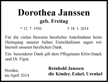 Traueranzeige von Dorothea Janssen von Ostfriesischer Kurier