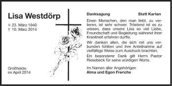 Traueranzeige von Lisa Westdörp von Ostfriesischer Kurier