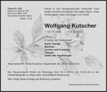 Traueranzeige von Wolfgang Kutscher von Ostfriesischer Kurier