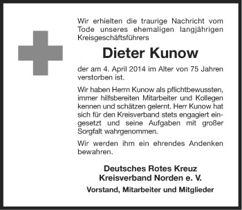 Traueranzeige von Dieter Kunow von Ostfriesischer Kurier
