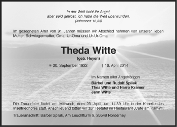 Traueranzeige von Theda Witte von Ostfriesischer Kurier
