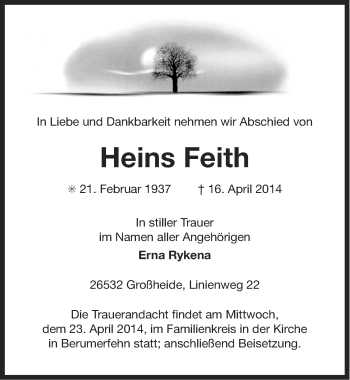 Traueranzeige von Heins Feith von Ostfriesischer Kurier