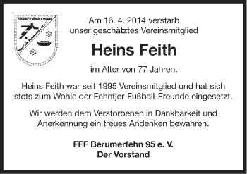Traueranzeige von Heins Feith von Ostfriesischer Kurier