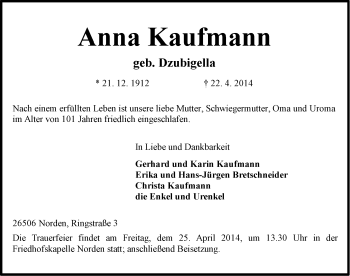 Traueranzeige von Anna Kaufmann von Ostfriesischer Kurier