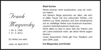 Traueranzeige von Frank Magunsky von Ostfriesischer Kurier