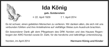 Traueranzeige von Ida König von Ostfriesischer Kurier