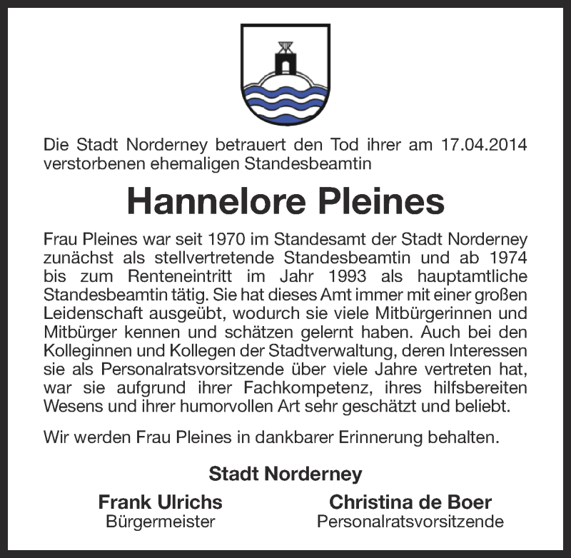  Traueranzeige für Hannelore Pleines vom 24.04.2014 aus Ostfriesischer Kurier