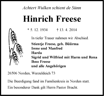 Traueranzeige von Hinrich Freese von Ostfriesischer Kurier