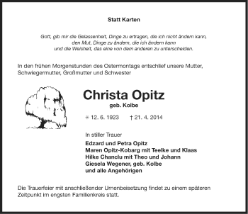 Traueranzeige von Christa Opitz von Ostfriesischer Kurier