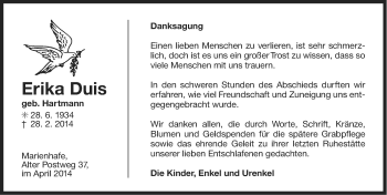 Traueranzeige von Erika Duis von Ostfriesischer Kurier