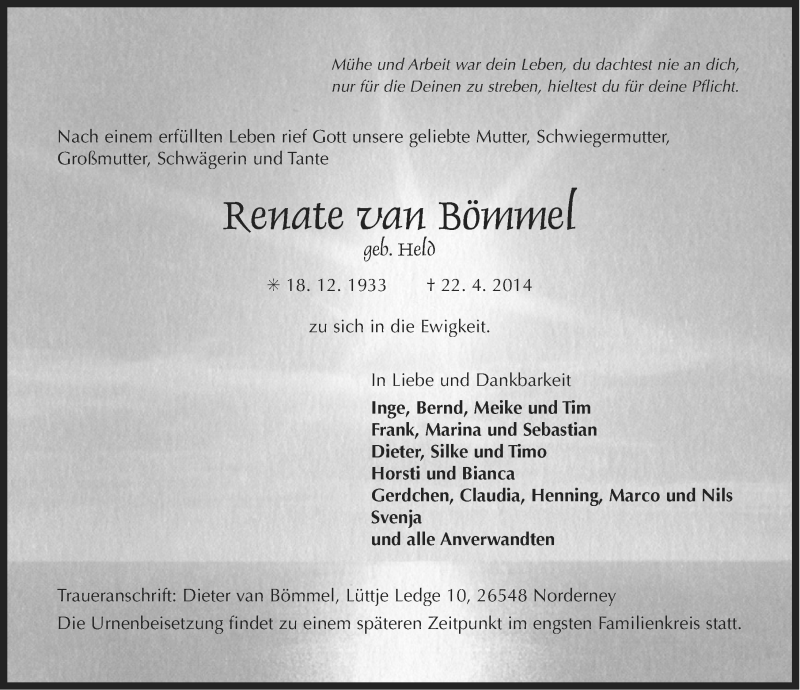 Traueranzeigen von Renate van Bömmel | OK-Trauer.de
