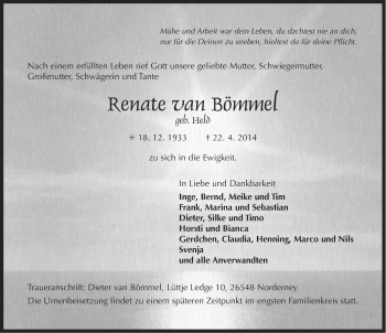 Traueranzeige von Renate van Bömmel von Ostfriesischer Kurier