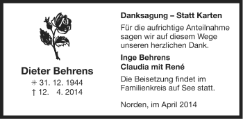 Traueranzeige von Dieter Behrens von Ostfriesischer Kurier