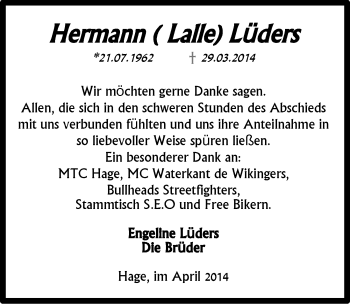 Traueranzeige von Hermann Lüders von Ostfriesischer Kurier