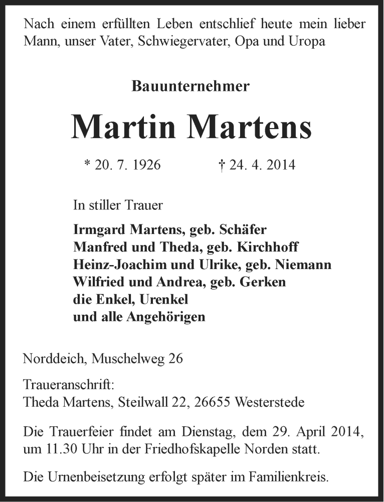  Traueranzeige für Martin Martens vom 25.04.2014 aus Ostfriesischer Kurier