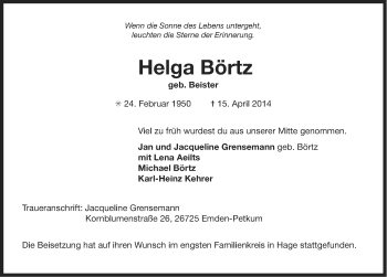 Traueranzeige von Helga Börtz von Ostfriesischer Kurier