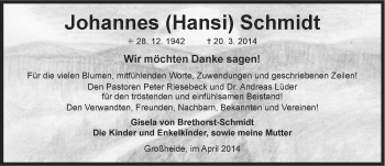Traueranzeige von Johannes Schmidt von Ostfriesischer Kurier