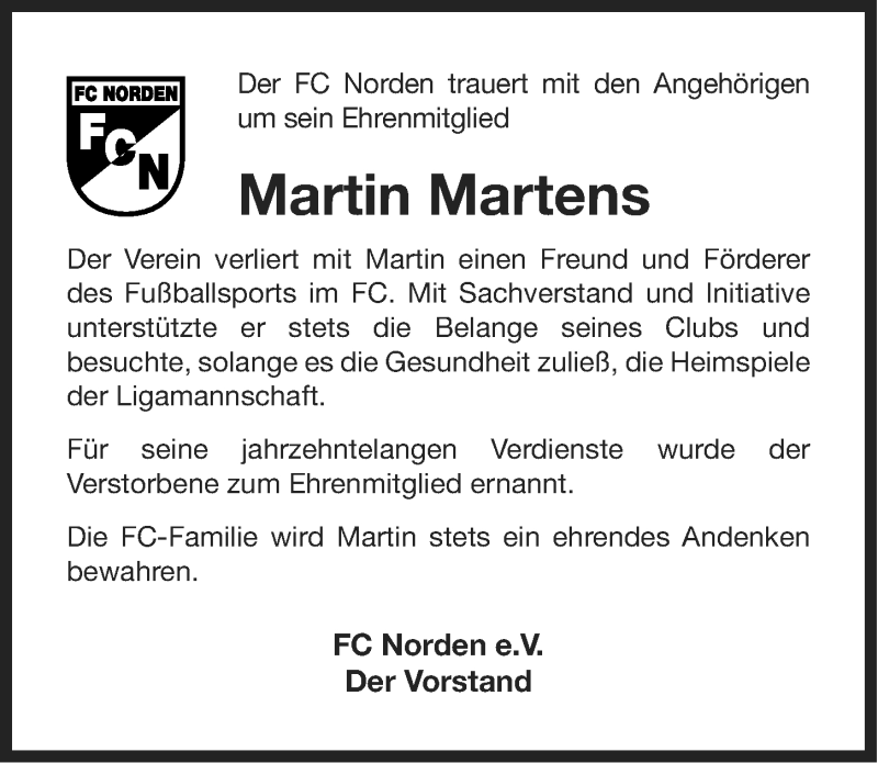  Traueranzeige für Martin Martens vom 26.04.2014 aus Ostfriesischer Kurier
