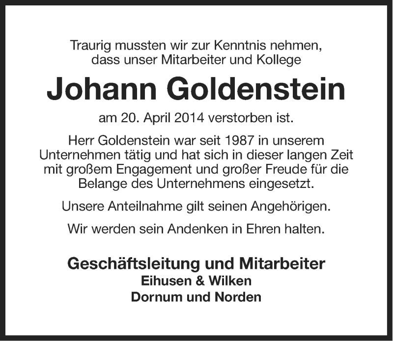  Traueranzeige für Johann Goldenstein vom 26.04.2014 aus Ostfriesischer Kurier