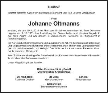 Traueranzeige von Johanne Oltmanns von Ostfriesischer Kurier