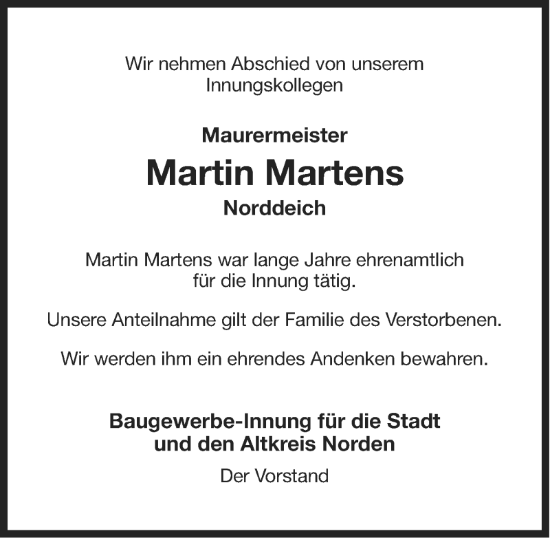 Traueranzeige für Martin Martens vom 29.04.2014 aus Ostfriesischer Kurier